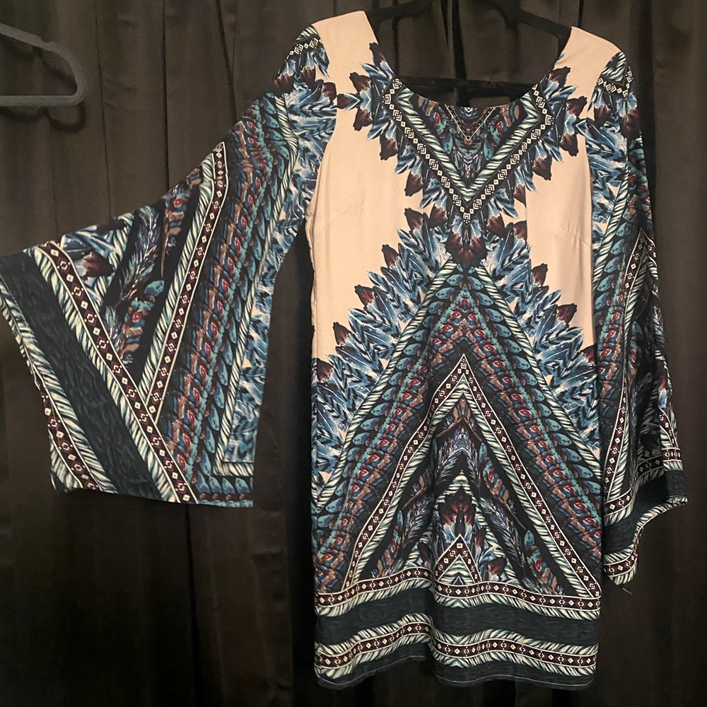 Boho feather print long bell sleeve dress - S
